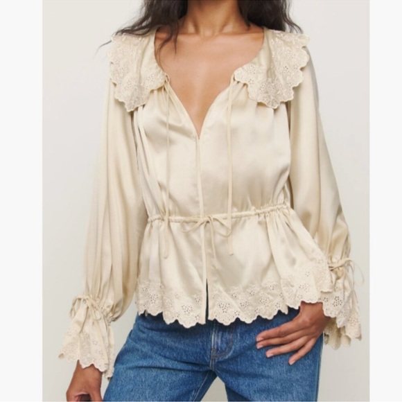 Reformation x Kacey Musgraves Lillie Long Sleeve Cream Lace Tie Front Silk Top - Picture 1 of 14